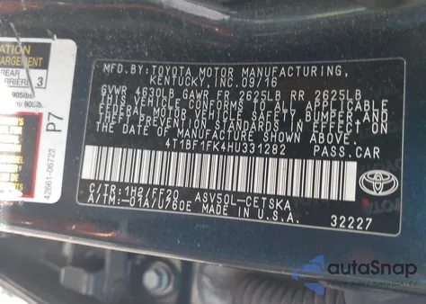 2017 Toyota Camry Le/Xle/Se/Xse from USA, damaged, VIN 4T1BF1FK4HU331282